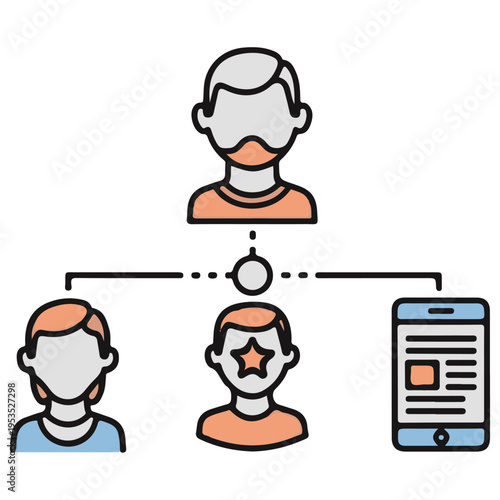 Flat vector illustration of a digital networking hierarchy showing diverse people connected to a smartphone for social media marketing, team communication, and influencer management.