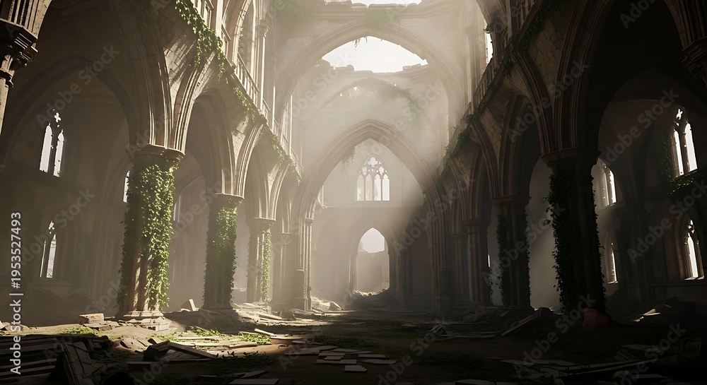 Obraz premium Abandoned church interior with sunlight.