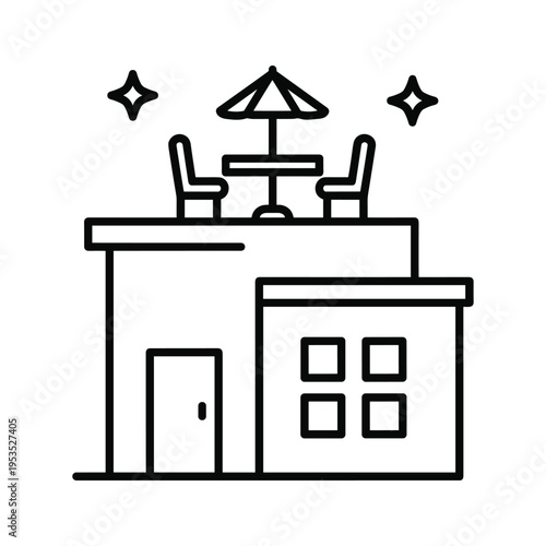 Outdoor cafe icon, building with table, chairs and umbrella, vector illustration