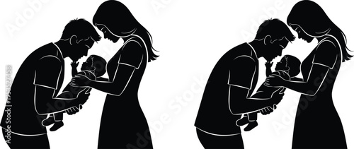 Family silhouette vector, parents holding baby, mother father child icon, parental love illustration, family care design, parenting graphic, tender moment art