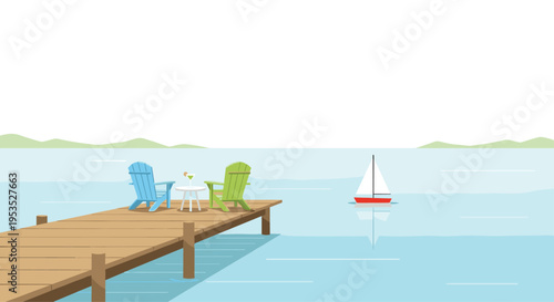 A wooden dock with two Adirondack chairs and a small table extends into calm blue water with a sailboat in the distance.