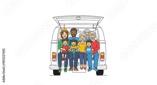 A diverse extended family of nine people is happily seated in the open back of a white van, facing outwards.