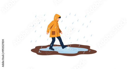 A person in a bright yellow raincoat and dark boots is happily splashing in a large brown puddle during a rainy day.