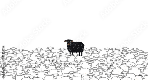A lone black cartoon sheep stands out above a horizontal row of many white outlined sheep on a plain white background.