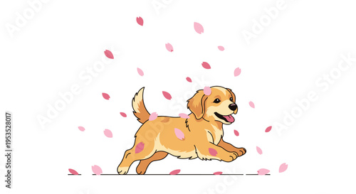 A cheerful cartoon golden retriever puppy runs amidst falling pink cherry blossom petals on a clean white background.