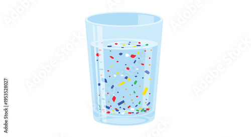 A clear cartoon drinking glass of water is filled with countless tiny, colorful microplastic particles on a clean white background.