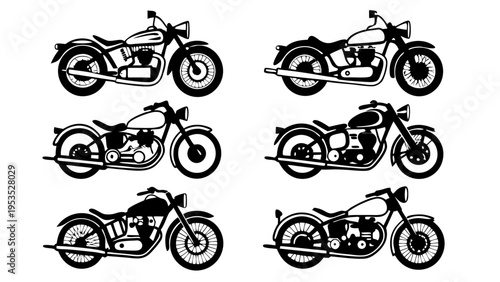 Six Vintage Motorcycle Silhouettes Set Classic Cruiser Biker Icons for Apparel Design and Retro Graphics Projects