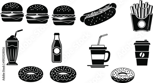 Fast food vector illustration, hamburger hotdog fries, donuts milkshake coffee cup, takeaway drink icon, junk food art, restaurant menu design