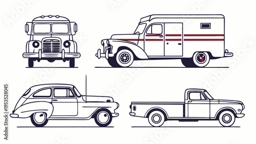 Vintage Vehicle Set Classic Truck Sedan Armored Van Pickup Truck Line Art Illustrations for Retro Design Projects