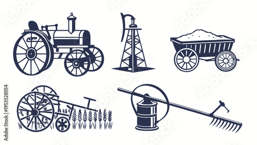 Vintage Farming Equipment Icons Set Steam Tractor Oil Well Cart Plow Hay Rake For Agriculture History Design