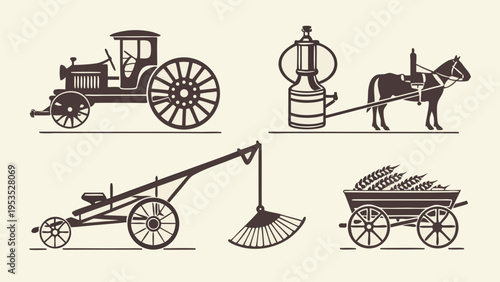 Vintage Farm Equipment Illustration Tractor Horse Cart for Agriculture History Design Projects and Rural Heritage Websites