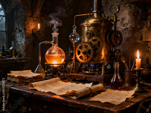 In a dimly lit alchemy lab, glass flasks bubble with colorful liquids while gears and scrolls clutter a wooden table. A candle flickers, casting shadows on the stone walls