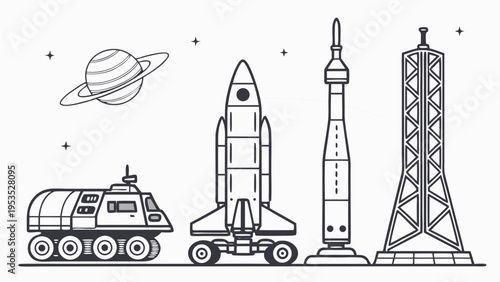 Space Exploration Vehicles Rocket Launch Tower Rover Comparison for Science Education and Future Travel Design Projects