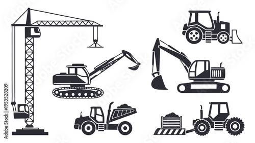 Construction Equipment Vector Set Crane Excavator Tractor Hauling Materials for Infrastructure Development Projects and Web Design