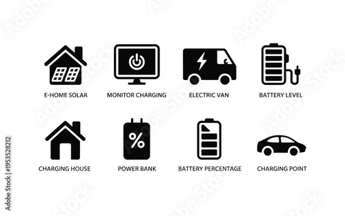 Electric vehicle and home charging icons with battery level indicators and solar power