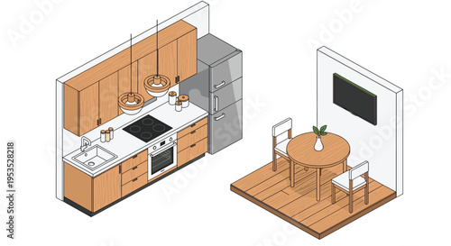 An isometric illustration shows a kitchen with wooden cabinets, a stove, and a refrigerator, alongside a dining area with a round table and two chairs.
