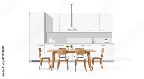 A modern white kitchen with a wooden dining table and four chairs is depicted with cabinets, a sink, and a stovetop on a white background.