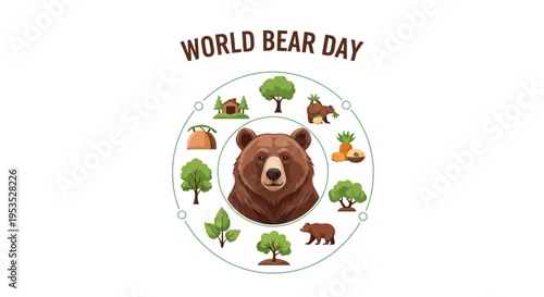 Illustration of a brown bear surrounded by trees, animals, and natural elements on World Bear Day, promoting bear conservation awareness with a design concept for wildlife protection and
