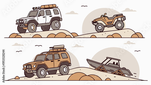 Off Road Adventure Vehicles Dune Buggy SUV ATV Boat Beach Travel Adventure Sports Excitement