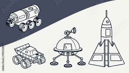 Space Exploration Vehicles Set Astronaut Rover Rocket UFO for Science Fiction Web Design or Educational Illustration Projects