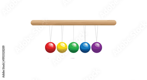 A classic Newton's cradle features five colorful spheres suspended by strings from a horizontal wooden bar.
