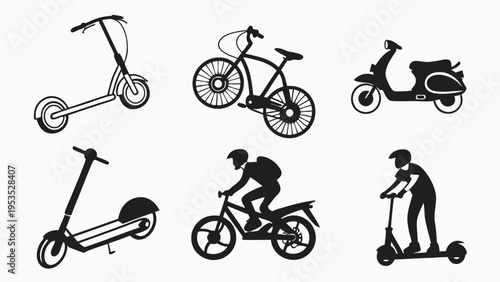 Urban Mobility Icons Electric Scooter Bicycle Moped Silhouettes for City Commuting and Sustainable Transport Design