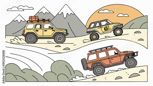 Off Road Adventure Travel SUVs Driving Uphill Through Rugged Mountain Landscape For Expedition Advertising