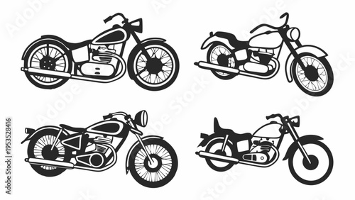 Classic Motorcycle Silhouettes Set Vintage Cruiser Biker Icons for Apparel Design or Transportation Web Graphics