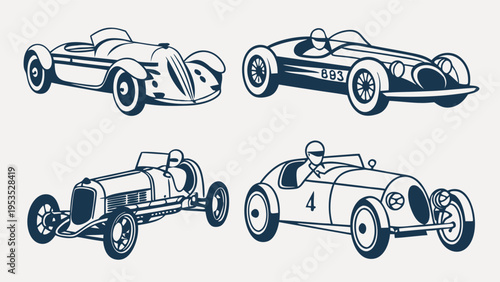 Vintage Race Cars Collection Set Vector Illustration for Automotive History Design and Nostalgic Sport Graphics Projects