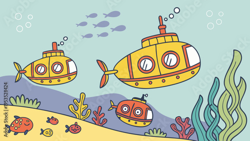 Cute Yellow Submarine Adventure Underwater Scene for Children's Book Illustration or Toy Advertisement