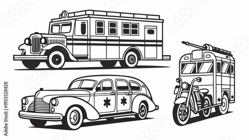 Vintage Emergency Vehicles Illustration for Historical Design Projects and Retro Themed Advertising Campaigns