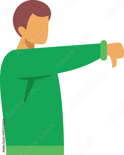 Man in green shirt extending arm with hand showing a thumbs down sign