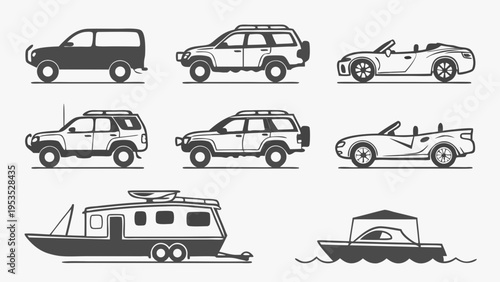 Diverse Vehicle and Watercraft Icons for Travel Adventure Vacation Design Projects