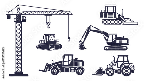 Construction Equipment Silhouettes Crane Excavator Bulldozer Loader for Heavy Industry Web Design and Infrastructure Development Projects