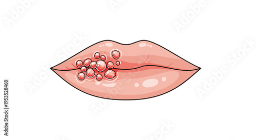 A pair of light pink human lips displays a cluster of reddish-pink blisters on the lower lip against a plain white background.