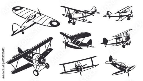 Vintage Airplane Vector Icons Set Biplanes Seaplanes for Aviation History Design Projects