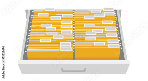 An open gray filing cabinet drawer is completely filled with numerous yellow file folders, each with a white label tab.