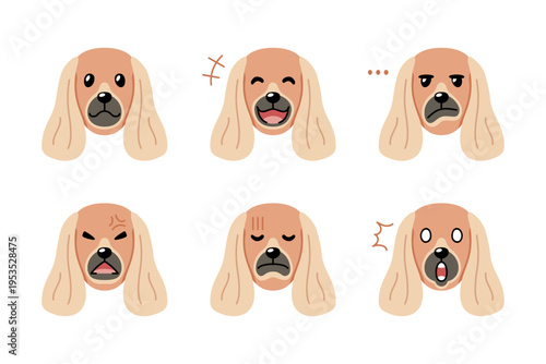 Set of cute character cocker spaniel dog faces showing different emotions