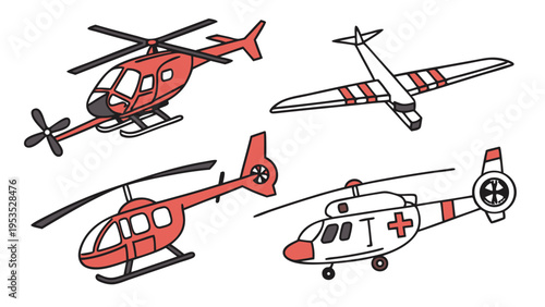Emergency Medical Service Helicopter and Airplane Fleet Illustration for Air Rescue and Transport Web Design Projects