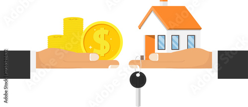 Real estate agent and buyer hands exchanging money coins for small house and door key.
