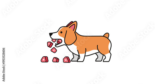 A cartoon illustration shows a brown and white Corgi dog with its mouth open, eating several pink, cube-shaped pieces of meat on the ground.