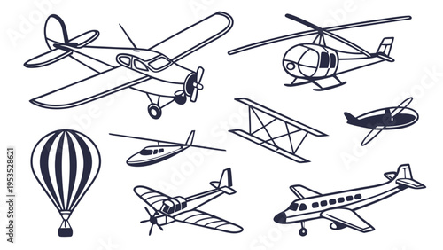 Vintage and Modern Aircraft Collection Outline Icons for Aviation Travel Logistics Web Design Projects