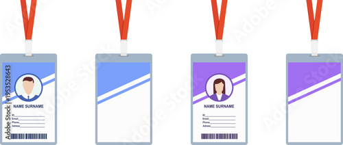Identification card template set with male and female avatars and blank plastic badges on red lanyards.