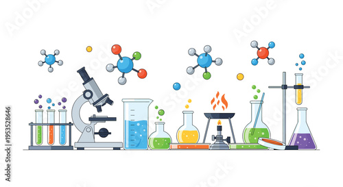 A flat illustration depicts various chemistry laboratory equipment, including a microscope, test tubes, beakers, flasks, and a Bunsen burner, with floating molecular structures.