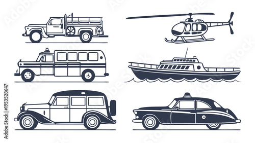Vintage Transportation Icons Set Police Car Truck Helicopter Boat for Retro Travel and Logistics Web Design Projects