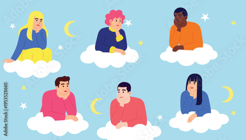 Dreaming people sitting on clouds under moon and stars illustration