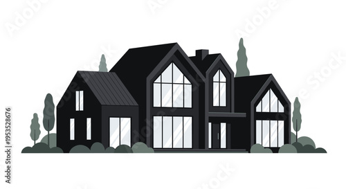 A flat illustration displays a large modern house with a dark exterior, multiple gables, and large windows, surrounded by sparse trees and bushes.