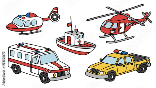 Emergency Rescue Vehicles Set Ambulance Helicopter Boat Pickup Truck for Safety and First Aid Web Design
