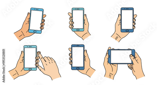 Hands holding smartphones in various positions and orientations