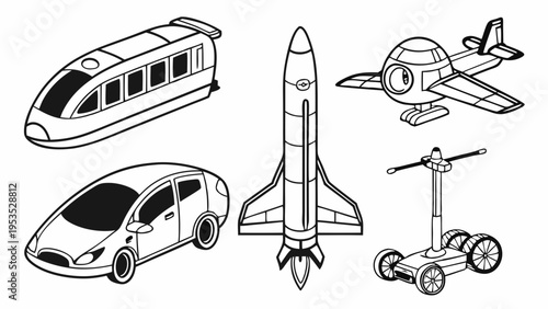 Diverse Transportation Icons Set Futuristic Travel Vehicles Rocket Car Train Airplane Scooter for Tech Web Design Illustration